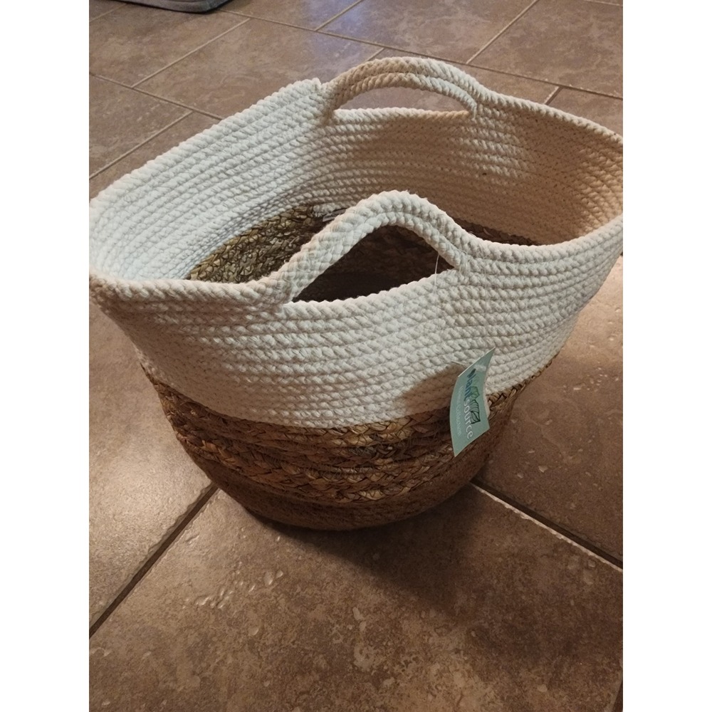 Plant Source 11 Inch Tropical Foliage Woven Jute Cotton Rope Basket Cream